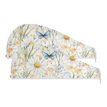 Imagem de SEHANY Toalha de cabelo de microfibra de flores coloridas elegantes para mulheres, 2 peças, turbantes de cabelo de secagem rápida com botão, touca de cabelo seco absorvente toalha de secagem de cabelo