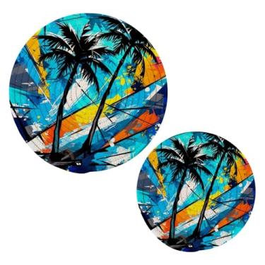 Imagem de Blueangle 2 peças de suporte de panela de palmeiras tropicais - conjunto de pegadores de panela de tecido redondo - almofadas quentes trançadas de algodão - porta-copos - tapetes de mesa para cozinhar