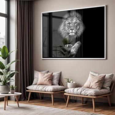 Imagem de Quadro Decorativo Leão Preto e Branco com Moldura Caixa Acrílico Cristal para Sala e Quarto (40x60, Branca)
