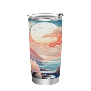 Imagem de Wassud Copo de 600 ml Pink Sky White Clouds com tampa e canudo de aço inoxidável parede dupla copo isolado caneca de café de viagem para bebidas frias e quentes