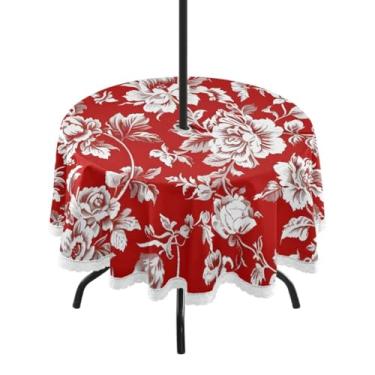 Imagem de CEBUGI Toalha de mesa redonda para uso ao ar livre, vintage, floral, impermeável, com furo Umberlla, capa de mesa lavável para pátio, cozinha, sala de jantar, 152 cm