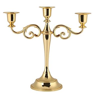 Imagem de Candelabros de metal estilo europeu elegante com 3 braços, candelabros de metal para decoração de casamento e iluminação doméstica, dourado e prateado, 25 cm de altura (Ouro)