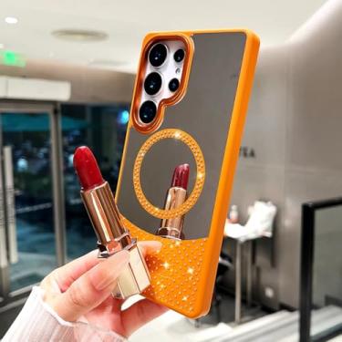 Imagem de HJZSZX Capa magnética com espelho de vaidade e glitter para Galaxy A26 (para Galaxy A26/laranja)