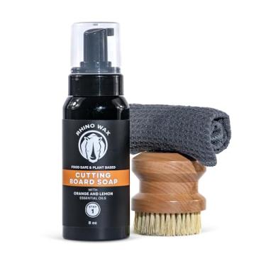 Imagem de Rhino Wax Kit de limpeza de tábua de corte – inclui sabão espumante de tábua, escova de esfregar, pano de microfibra – limpador natural à base de castela – fácil aplicação de sabão de espuma – Seguro