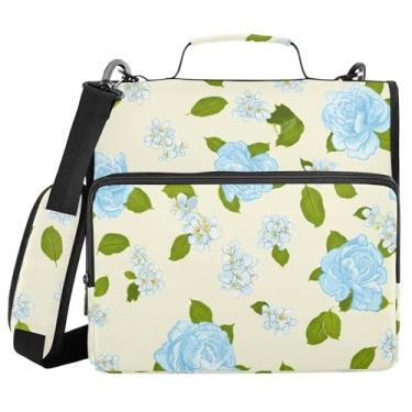 Imagem de Burbuja Pasta de fichário com zíper Blue Flowers com 3 anéis com lixa expansível e alça de ombro para laptop de 13 polegadas, vários bolsos para trabalho de escritório