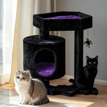 Imagem de BEWISHOME Torre de árvore para gatos, condomínio gótico para gatos com cama de caixão, casa para gatos de Halloween com postes para arranhar, prateleiras para gatinhos, brinquedo de aranha, roxo e
