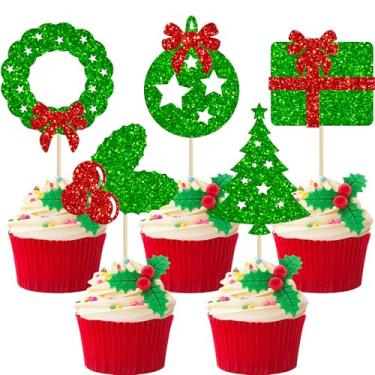 Imagem de Gyufise Pacote com 30 enfeites de cupcake de Natal com glitter caminhão cupcake decorações para chá de bebê de inverno, decorações de festa de Natal, suprimentos de festa de inverno