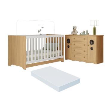 Imagem de Berço Americano 3 Em 1 Com Colchão Incluso E Cômoda 2 Portas 4 Gavetas Sonho Multimóveis MP4721 Madeirado