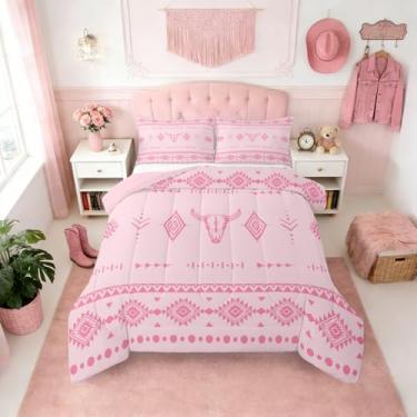 Imagem de Erosebridal Conjunto de edredom queen caubói ocidental, caveira de touro, para quarto de meninas e adolescentes, colcha de chifre étnico asteca boho, enchimento de edredom nativo americano do sudoeste