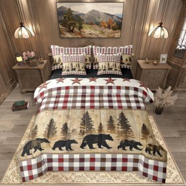 Imagem de Jogo de cama solteiro rústico de urso de 7 peças, cortina, cabana de fazenda, campo, caça, cama xadrez, búfalo, vermelho, marrom, em um saco, floresta e animais selvagens, para crianças, adolescentes