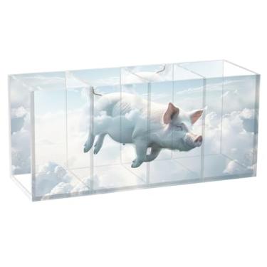 Imagem de TSENQUE Porta-canetas de acrílico engraçado com nuvens de porco voador personalizado para mesa de arte, escritório, copo de papelaria para suporte de canetas, material de escritório para mulheres