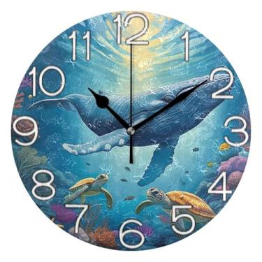 Imagem de GAIGEO Lindo relógio de parede de animal tartaruga azul analógico decorativo escritório cozinha relógio operado por bateria, decoração de parede retrô moderna art déco, 25 cm, ponteiros dourados