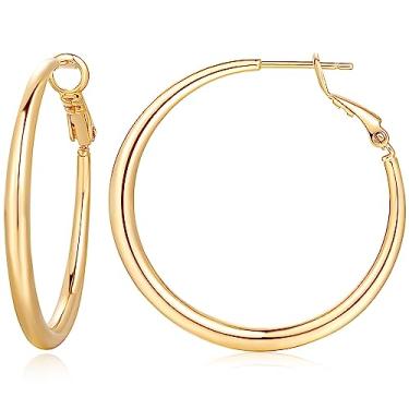 Imagem de AMELINE Brincos de ouro 14K para mulheres, argolas de ouro brilhante, brincos de argola pequenos para mulheres na moda, brincos de argola de ouro mais espessos hipoalergênicos, acabamento bem polido (30 mm x 2,9 mm), Prata esterlina, Sem pedra preciosa