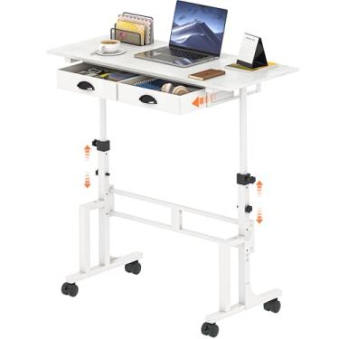 Imagem de Mesa de pé ajustável em altura com 2 gavetas, mesa de pé pequena com rodas, mesa portátil com rodinhas para passadeira, escritório de computador, ajustável de 80 a 110 cm, branca, estábulo atualizado