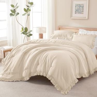 Imagem de Andency Jogo de cama King extragrande, 128 x 120, 3 peças, bege, com babados, chique, para mulheres, leve, fofo, super king, plus size