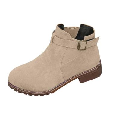 Imagem de Botas femininas de salto baixo no tornozelo salto quadrado fivela detalhe camurça superior 3,8 cm salto outono inverno, Caqui, 34