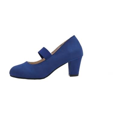 Imagem de Sapatos femininos modernos e versáteis Mary Jane com salto grosso, bico redondo, alça reta, salto médio para mulheres, estilo retrô, Azul royal, 35