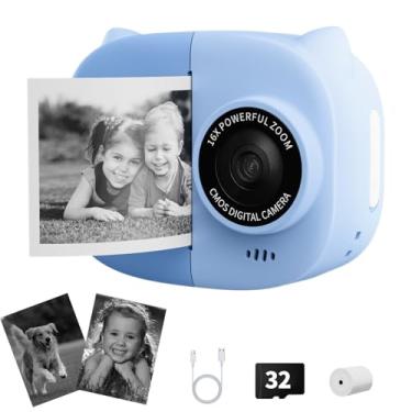 Imagem de Câmera instantânea portátil para crianças com impressão de fotos de viagem digital 1080p para crianças de 3, 4, 5, 6, 7, 8 anos, presente de aniversário de Natal (azul)
