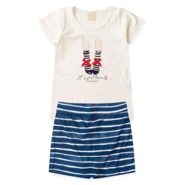 Imagem de Conjunto Verão Menina Natural Blusa e Shorts Saia Sapatilhas com Listr