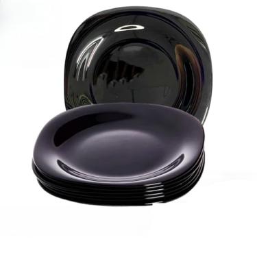 Imagem de Kit Jogo Pratos Quadrado Preto Opaline Liso de Vidro Temperado 27,9cm Elegante Cozinha 06 Unidades