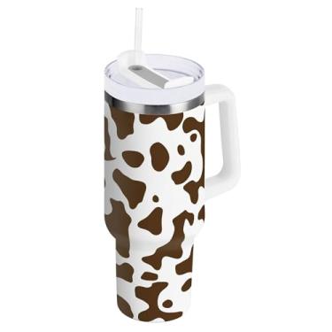 Imagem de SEHANY Copo de vaca marrom e branco de 850 g com alça, copo isolado de aço inoxidável a vácuo de parede dupla, à prova de vazamento, caneca de café isolada para viagem cabe no suporte de copo de carro