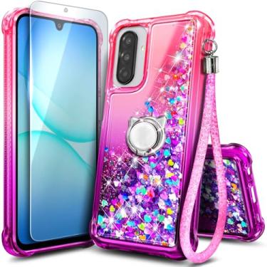 Imagem de Capa de telefone NGB projetada para Samsung Galaxy A17 5G, rosa/roxo | Capa fofa com glitter líquido brilhante para mulheres e crianças | com protetor de tela, suporte de anel e cordão de pulso