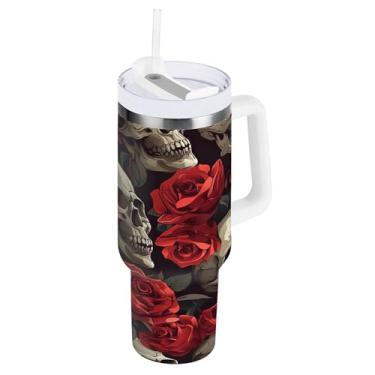 Imagem de SEHANY Copo de caveira e rosas de 850 g com alça, copo isolado de aço inoxidável a vácuo de parede dupla, caneca de café à prova de vazamento, copo isolado para viagem, cabe no suporte de copo de