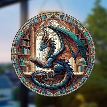 Imagem de Adesivo de janela de vidro de dragão colorido de 22 x 23 cm - Decoração impermeável resistente a UV, presente ideal para entusiastas de fantasia e biblioteca doméstica