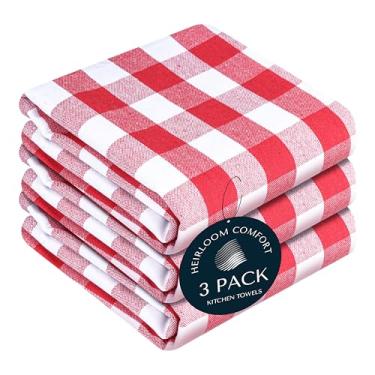 Imagem de HEIRLOOM COMFORT Pacote com 3 toalhas de cozinha Gingham Check, 46 x 66 cm, 100% algodão, super absorvente e de secagem rápida, toalha de prato durável para secar pratos, lavável na máquina, uso