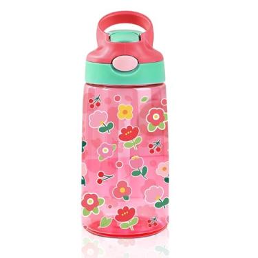 Imagem de Garrafa de água infantil floral de 400 ml com tampa de canudo - Garrafas de água de flores coloridas para crianças, à prova de vazamento, leves, duráveis garrafas de plástico para escola, capa de