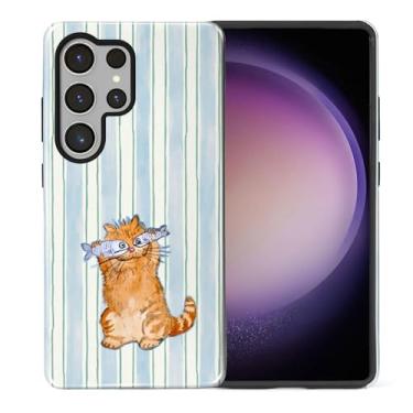 Imagem de Goodsprout Capa para Samsung Galaxy S25 Ultra, silicone TPU de camada dupla + PC rígido, à prova de choque e resistente a arranhões Um gato travesso com listras azuis comendo peixe