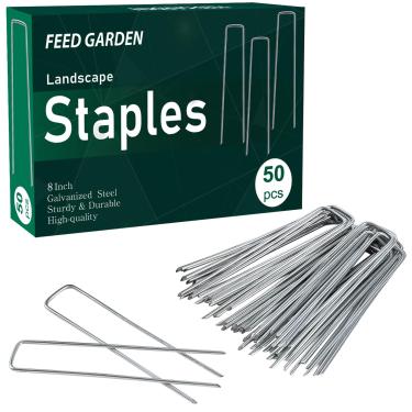Imagem de FEED GARDEN Grampos de paisagem galvanizados, pacote com 50, calibre 11, estacas de jardim, antiferrugem, tecido de paisagismo, pinos SOD, estacas de quintal para tecido de barreira de ervas daninhas