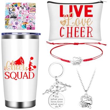 Imagem de Beupy Conjunto de 6 peças de presentes de líder de torcida 590 ml, bolsa de maquiagem, pulseira de líder de torcida, chaveiro, colar, adesivos, acessórios de torcida, presentes de líder de torcida