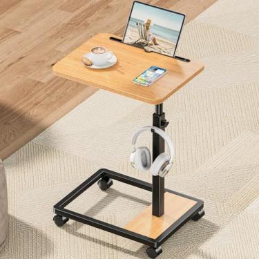 Imagem de MOFAIN Bandeja de TV ajustável – Mesa de canto em forma de C com rotação de 360°, mesa de sofá com rodas para sala de estar e quarto