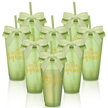 Imagem de Jingmore Conjunto de 8 copos de glitter para festa de aniversário de 680 g copos de plástico queen do esquadrão de aniversário com tampa canudo e laço torcido para decorações de festa de esquadrão