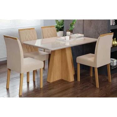 Imagem de Conjunto: Mesa Sala Jantar Maitê Tampo Madeirado c/ Vidro 130x80cm e 4 Cadeiras Juliana Nature/Off White - Carvalho/Suede Nude Bege Cimol