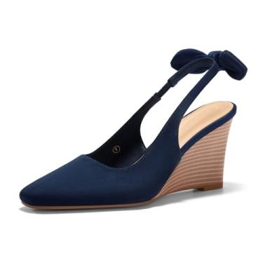Imagem de Coutgo Sapato social feminino confortável de salto cunha com laço e bico quadrado fechado, Camurça azul-marinho, 35
