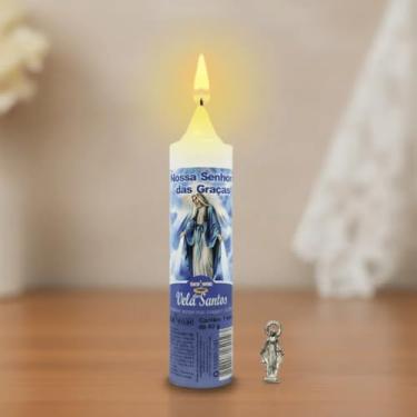 Imagem de Vela Encantada Nossa Senhora Das Graças, 60g, Branca, Parafina, 12,5cm Altura, com Medalha em Níquel