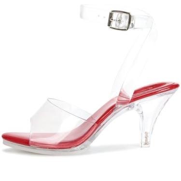Imagem de NBUUNBU Salto transparente feminino com tira no tornozelo, salto plataforma transparente, salto com tiras, bico aberto, stiletto confortável, sapato social com salto alto, Vermelho-7,5 cm, 35