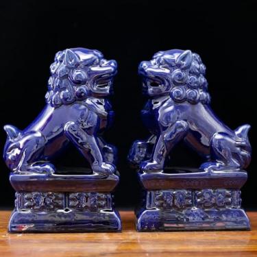 Imagem de FENNYYAR Um par de estátuas de cachorro foo azul profundo de cerâmica estilo chinês ornamento Feng Shui, 20 cm, decoração de artesanato de arte chinesa