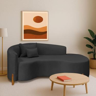 Imagem de Divã Recamier Curvo Sala De Estar Recepção Inglaterra 200cm Pés Madeira Lado Direito Linho Cor Preto