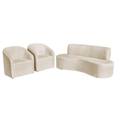 Imagem de Kit Sofá Curvo Amsterdã 200cm E 2 Poltronas Luiza Max Linho Bege