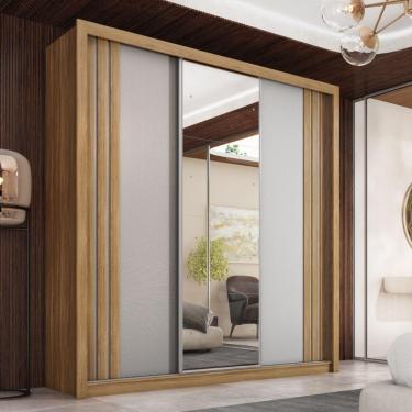 Imagem de Guarda Roupas Casal Com Espelho 3 Portas De Correr 2 Gavetas Moema Flex Madeirado/off White/black