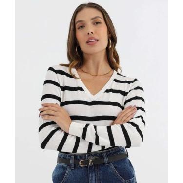 Imagem de Suéter Feminino Listrado Gola V Marisa Branco-49873, Preto e branco, M