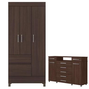 Imagem de Guarda Roupa Solteiro com Cômoda Wind London 5 Portas 9 Gavetas em MDP com Cabideiro e Pés Café Touch