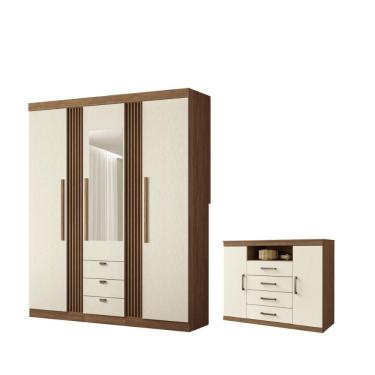Imagem de Kit Guarda Roupa Casal e Cômoda Denver 4 Portas de Bater 3 Gavetas MDP Jatobá Areia Casa H