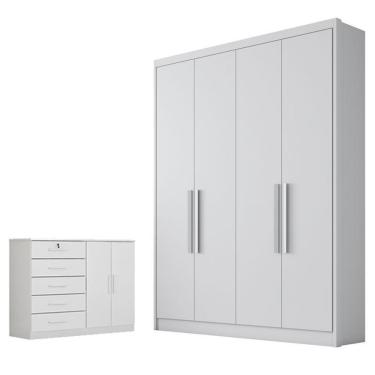 Imagem de Kit Guarda Roupa Solteiro Sevilha 4 Portas 3 Gavetas Neve + Cômoda Seul Neve Móveis Novo Horizonte