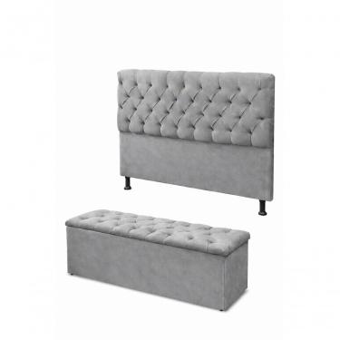 Imagem de Kit Cabeceira De Cama Box Com Calçadeira Baú Mirage Capitonê Casal 140 Cm Suede Cinza Eli Móveis E Decoração