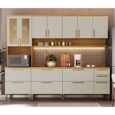 Imagem de Cozinha Completa Modulada 5 Peças com Vidro Reflecta 265cm 100% Mdf Estônia Espresso Móveis Amêndoa/Off White