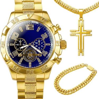 Imagem de Relogio Masculino Aço Banhado Ouro + Crucifixo + Pulseira mostrador pr
